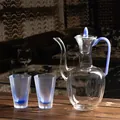 Elegant heat-resistant glass teapot set with blue handle and two frosted octagonal cups - Cloudy Blue