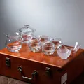 Premium handcrafted crystal glass Gongfu tea set presented in an elegant wooden gift box - Gold-Traced Faceted Low Cup Collection / Gold Veined Transparent