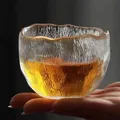 Elegant Japanese style handmade textured glass tea cup with gold rim for tea tasting - Fine Textured Master Cup