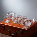 Luxurious crystal glass Kung Fu tea set presented in a premium wooden gift box variant - Gold-Traced Faceted High Cup Collection / Gold Veined Transparent