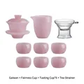 Elegant pink glazed Kung Fu tea set including gaiwan, pitcher, six cups and a tea strainer - Pink Kit with Gift Box