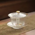 Handbemaltes Gaiwan-Teeschalen-Set aus Kristallglas mit Goldrand - Mattierter Gaiwan / Goldrand