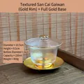 Handbemalte mattierte Kristallglas-Gaiwan Teetasse mit Goldrand und Boden, 220ml Inhalt. - Mattierter Gaiwan / Goldrand + Goldener Untersatz