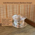 Handbemaltes Sancai-Gaiwan aus Kristallglas mit Goldrand und Bambusmotiv, 220 ml - Gaiwan mit Bambusmuster / Bambus + Goldrand-Untersatz