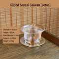 Kristallglas-Gaiwan-Teetasse mit Goldrand, handgemaltem Lotusmuster und Untertasse - Gaiwan mit Lotusmuster / Lotus + Goldrand-Untersatz