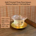 Handbemalte Teeschale Gaiwan aus Kristallglas mit Goldrand und Pflaumenblütenmuster - Pflaumen-Gaiwan mit Gold-Untersatz / Pflaumenblüte + Gold-Untersatz