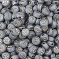 4x7mm grey-blue acrylic flat round beads with gold capital letters for DIY jewelry - 4x7mm Approx. 100 Pieces/Pack / Letters Grey & Gold