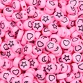 Pink 4x7mm acrylic flat round beads with black star and heart patterns for DIY jewelry - 4x7mm Approx. 100 Pieces/Pack / Star & Moon Pink