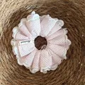 Detailed view of handmade pink polka dot cotton scrunchie with white lace trim. - White Red Polka Dot Lace (3#)
