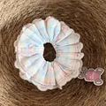 Close-up of handmade plaid cotton scrunchie with delicate white lace trim and cute heart tag. - Multicolor Striped Lace (1#)