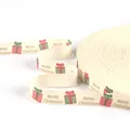 Cream cotton ribbon with Merry Christmas gift prints for DIY hair accessory making 1.5cm wide - Christmas Gift Box & English Style (Style 23)