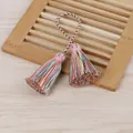 Vue détaillée d'un accessoire à double pompon en coton tressé multicolore fait main - Gland à Double Extrémité / Mélange de Couleurs Claires