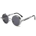 Vintage steampunk metal sunglasses with decorative spring temples and round lenses - Black Silver Frame Black Grey Lens
