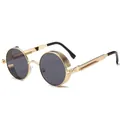 Retro steampunk round sunglasses with golden metal frame and spring temples for men - Gold Frame Full Grey