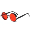 Lunettes de soleil steampunk rétro avec verres rouges ronds et monture métal noire - Monture Noire Verre Rouge