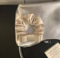 Λεπτομερής άποψη κομψού σατέν scrunchie σε χρώμα σαμπάνιας με φιόγκο σε ασήμι φόντο - Ζαχαρί