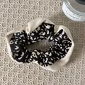 Stylish black and white leopard print scrunchie with cream knit border hair accessory - White Edge B&W Leopard (10#)