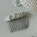 Macro view of a sweet floral pattern fabric gathered on a sturdy metal hair comb accessory - 9# Off-White Green Leaf Pleated Oval Hair Comb