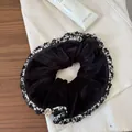 Premium Korean style black velvet scrunchie featuring elegant white tweed lace edging - Black Flocked Scrunchie (11#)