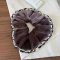 Dark brown velvet handmade scrunchie with tweed-style lace trim and gold charm - Coffee Flocked Scrunchie (12#)