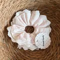 Elegant pink polka dot pure cotton scrunchie featuring a delicate white lace edge - White Pink Striped Lace (4#)