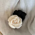Elegant French style silk rose scrunchie hair accessory in cream and black color finish - Rose Hair Tie / White