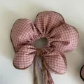 Pink checkered flower scrunchie with long ribbon bow detail - Pink Plaid Coffee Edge Flower Ribbon