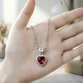 Primo piano di un'elegante collana con ciondolo a cuore in argento con gemma rossa. - Collana / Rosso
