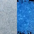 Luminous glass bubble beads showing white iridescent and blue glow effects - Grey Blue