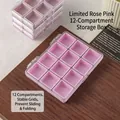 Transparent 12-grid nail accessory storage box with pink compartments on wooden surface - Rose Pink 12 Slots