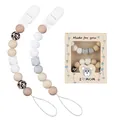 Chupetero de silicona alimentaria con cuentas de dentición en caja de regalo set - Juego de Pulseras Dobles / Estilo D (Gris Marrón Estampado Leopardo)