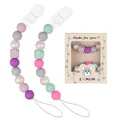 Chupetero de silicona de grado alimenticio con cuentas en caja de regalo bebé - Juego de Pulseras Dobles / Estilo F (Púrpura Verde Rosa)