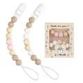 Sujetachupetes de silicona de grado alimenticio con cuentas y caja de regalo I Love Mom - Juego de Pulseras Dobles / Estilo H (Rosa Beige Blanco Marrón)