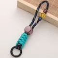 Handmade teal braided polyester cord keychain featuring a yellow smiley face bead for bags - 1 Piece/Pack / No. 5 (Black White Blue)