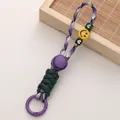 Handmade candy-colored woven polyester keychain with yellow smiley face bead charm - 1 Piece/Pack / No. 3 (Purple Black White)