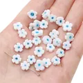 White plum blossom millefiori glass beads with blue center for DIY jewelry crafting - White Blue Polka Dot
