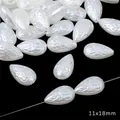 White 11x18mm ABS teardrop imitation pearl beads with embossed patterns for DIY jewelry - Embossed Drop / Pack of 30 / White