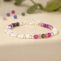 Close-up detail of colorful natural stone and white shell beaded bracelet with silver spacers - Heart Shell + Colorful Tourmaline / 17cm + Tail Chain / Multicolor (Vertical Heart Style)