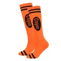 Close-up detail of orange knee-high socks with black stripes and Crayon logo print - Oval Print Style / Orange