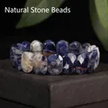 Blue faceted sodalite natural stone bracelet 11x15mm, minimalist beaded jewelry gift - 11x15mm Faceted Bar / Blue Sodalite