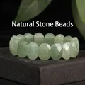 Natural green stone faceted stretch bracelet with 11x15mm oval shaped gemstone beads - 11x15mm Faceted Bar / Green Aventurine