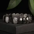 Faceted natural stone rectangular bead bracelet in 11x15mm dark grey finish for gift - 11x15mm Faceted Bar / Silver Obsidian