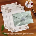 Retro marmorgrüner Umschlag und weißes Briefpapier-Set mit goldenem Rosenmuster und Wachs - 1 Umschlag + 3 Blatt + 1 Wachssiegel / 5-teiliges Set (Mit zufälligem Wachssiegel) / Kieferrauchgrün