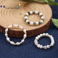 Ring-Set aus Naturperlen und Edelsteinen mit Bergkristall und African Pine - Nahe Runde Perle und Afrikanische Kiefer Weißer Quarz Kombination / 3 Stück/Packung (Größe 8 1.8cm)