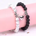 Close-up of magnetic heart clasp on couple's natural stone bead bracelets - Heart Magnetic Style / 19cm (8mm Beads) / Matte Black White Turquoise