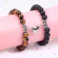 Detail view of magnetic heart clasp joining tiger eye and black matte bead bracelets. - Heart Magnetic Style / 19cm (8mm Beads) / Matte Black Yellow Tiger Eye