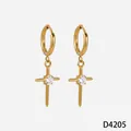Minimalist gold stainless steel cross hoop earrings with central clear zircon stone - Cross Style (D4205) / Gold