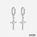 Silver stainless steel cross dangle hoop earrings with sparkling round zircon stone - Cross Style (D4205) / Silver