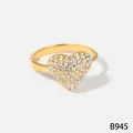 Elegant gold plated stainless steel heart ring paved with sparkling cubic zirconia - Size 7 / Solid Heart Style (B945) / Gold