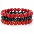 3-piece natural stone beaded bracelet set in red black and orange carnelian colors - Black Onyx + Red Coral Jade + Red Agate / 19cm (8mm Beads)